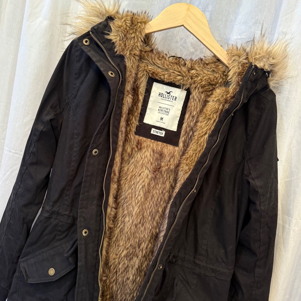 Hollister Heritage Women's Black Y2K Style Fur Lined Hooded Parka Jacket Size M - Picture 4 of 9